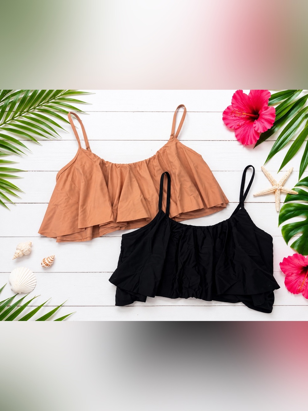 🖤🤎 CUPSHE Bikini Top Bundle (2) | Black & Nude Ruffle Flounce Swim | Large